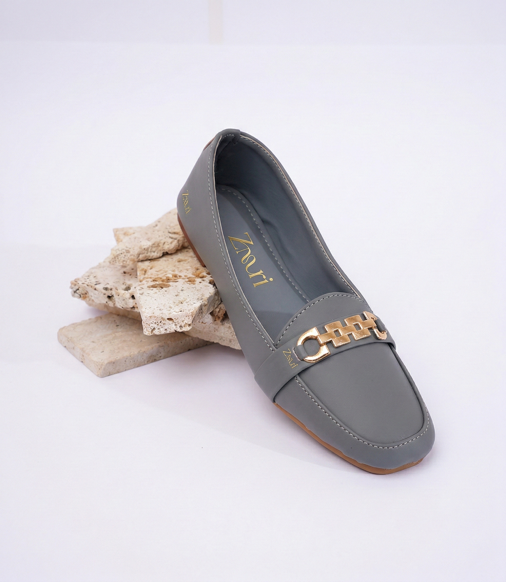 Grey Gold-Chain Luxury Loafers for Women