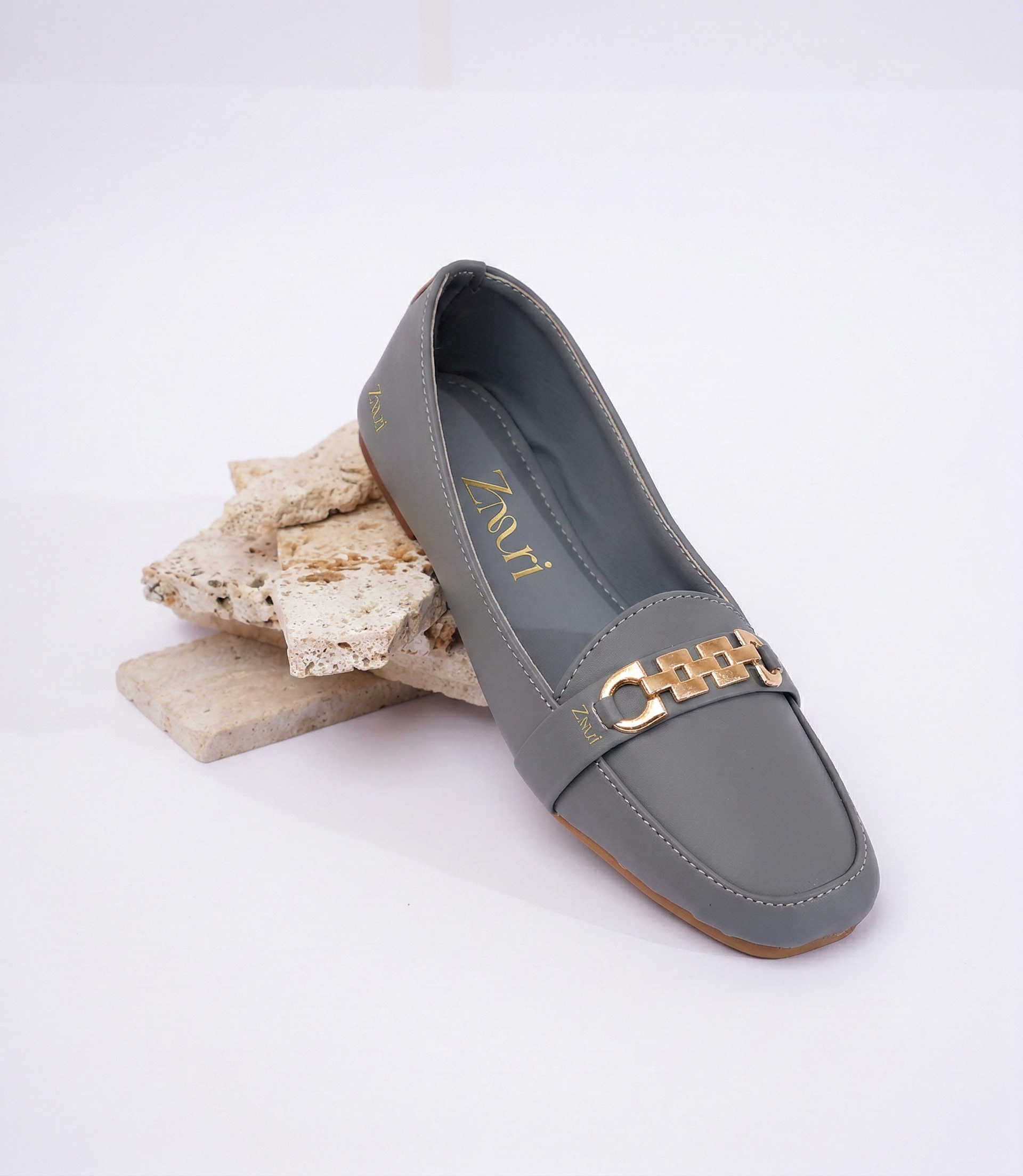 Grey Gold-Chain Luxury Loafers for Women