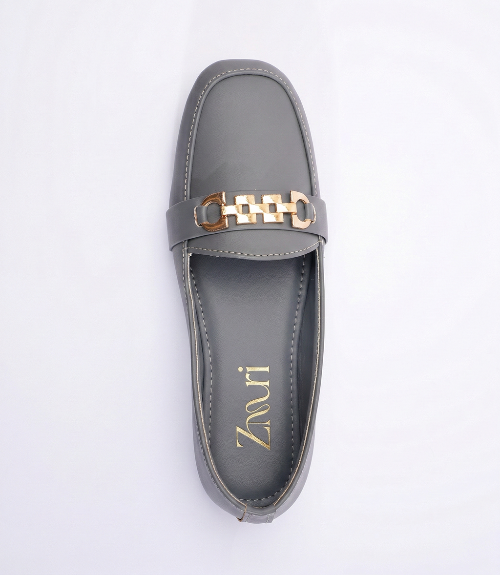 Grey Gold-Chain Luxury Loafers for Women