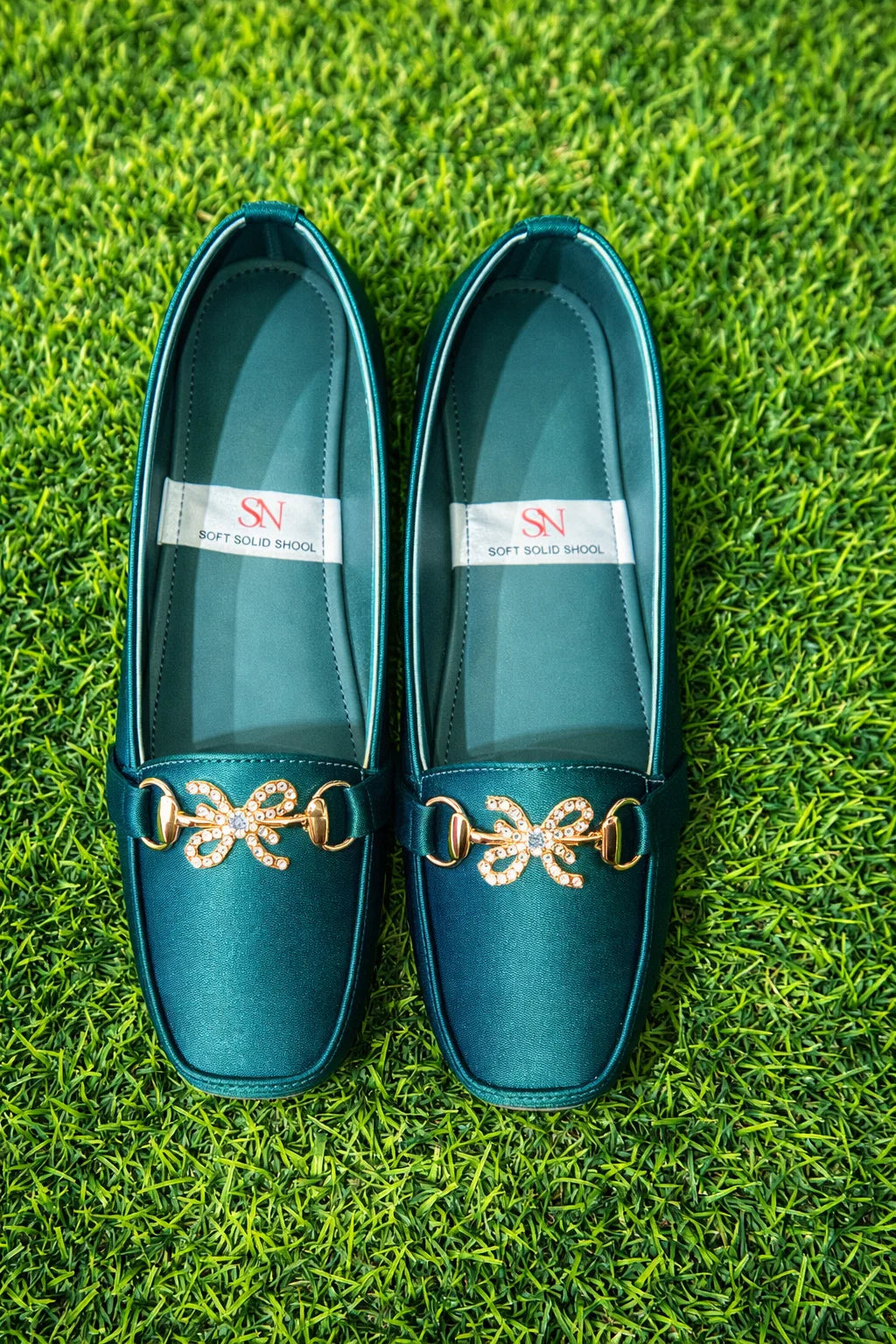 Pointed/Almond-Toe Slip-On Flats with Gold Rhinestone Buckle