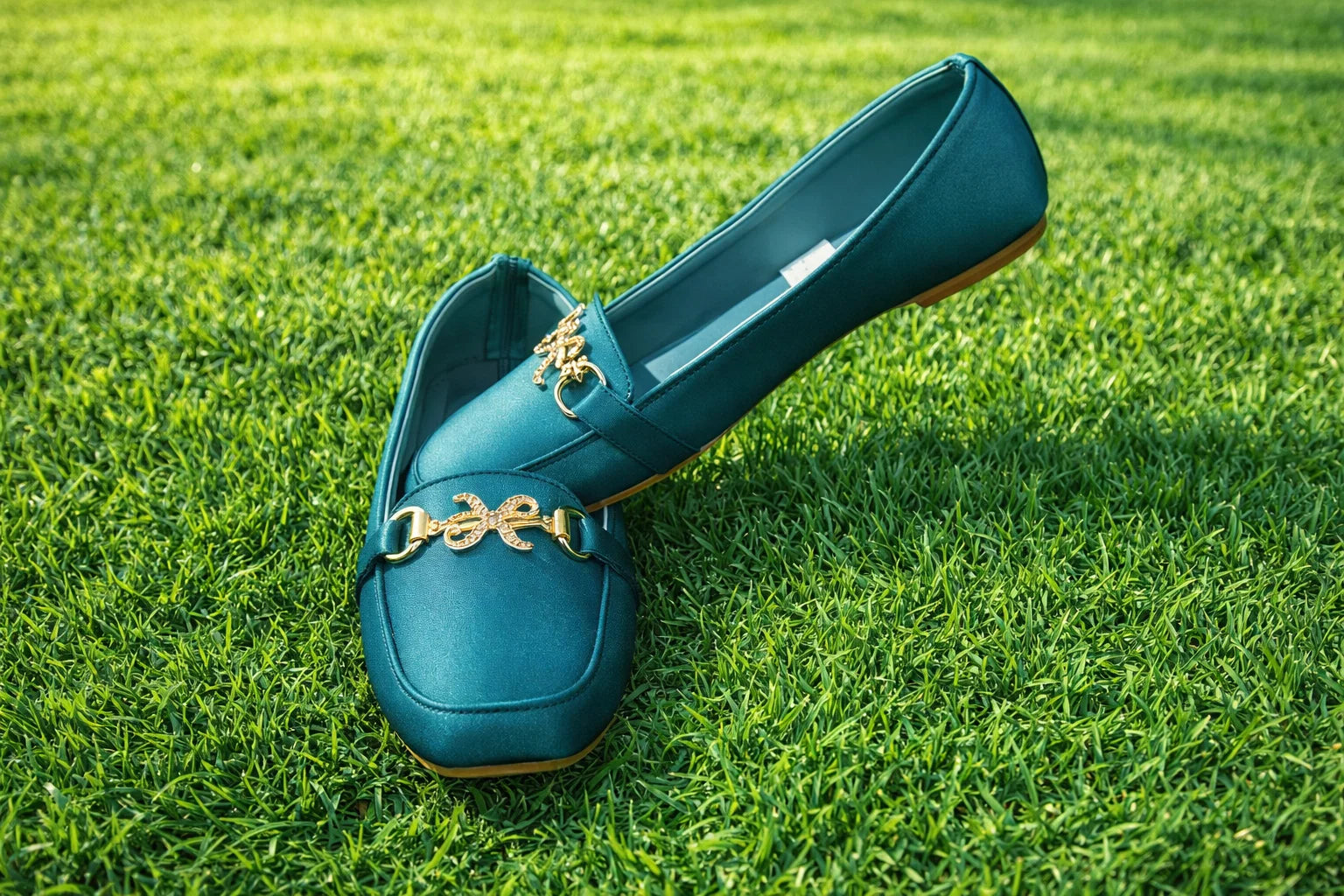 Pointed/Almond-Toe Slip-On Flats with Gold Rhinestone Buckle