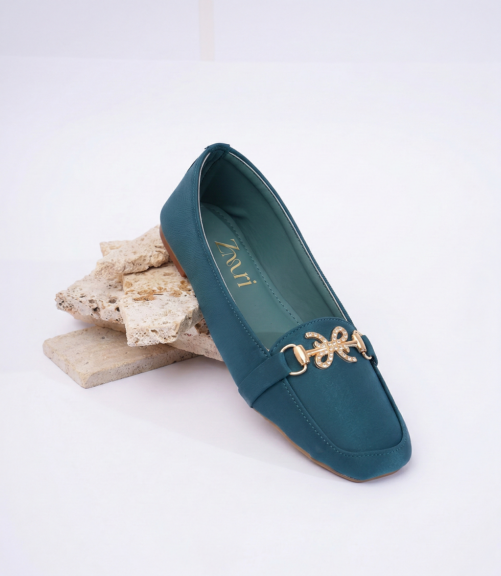 Teal Fleur Crystal Link Loafers