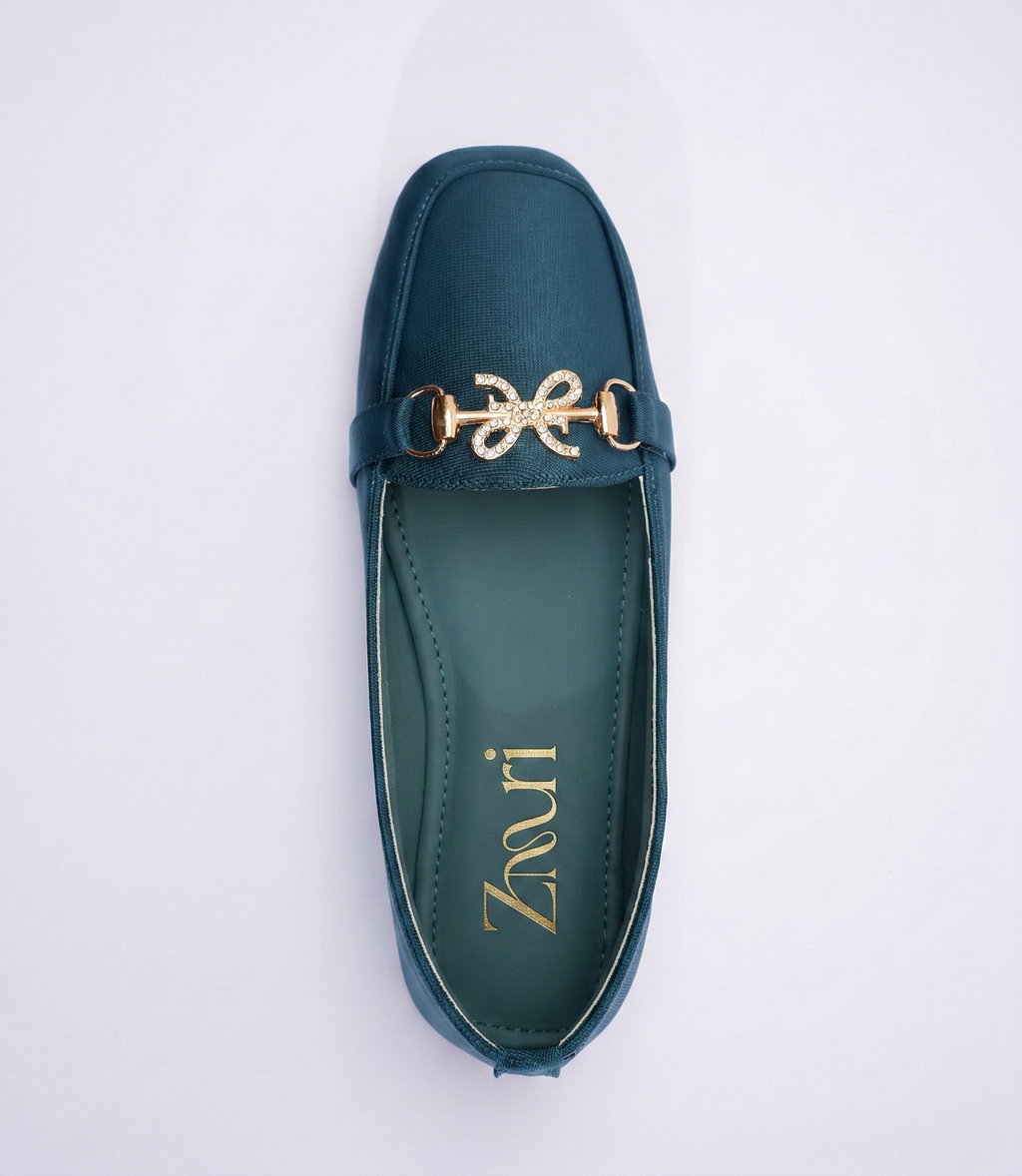 Teal Fleur Crystal Link Loafers