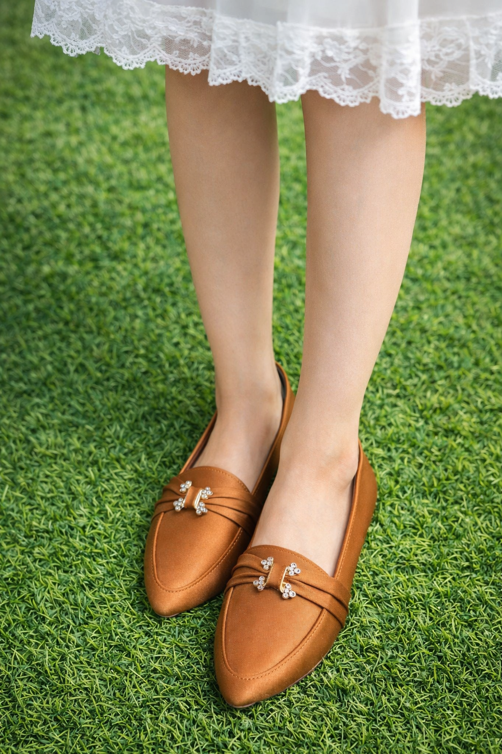 Copper Satin Pointed-Toe Loafers for Women