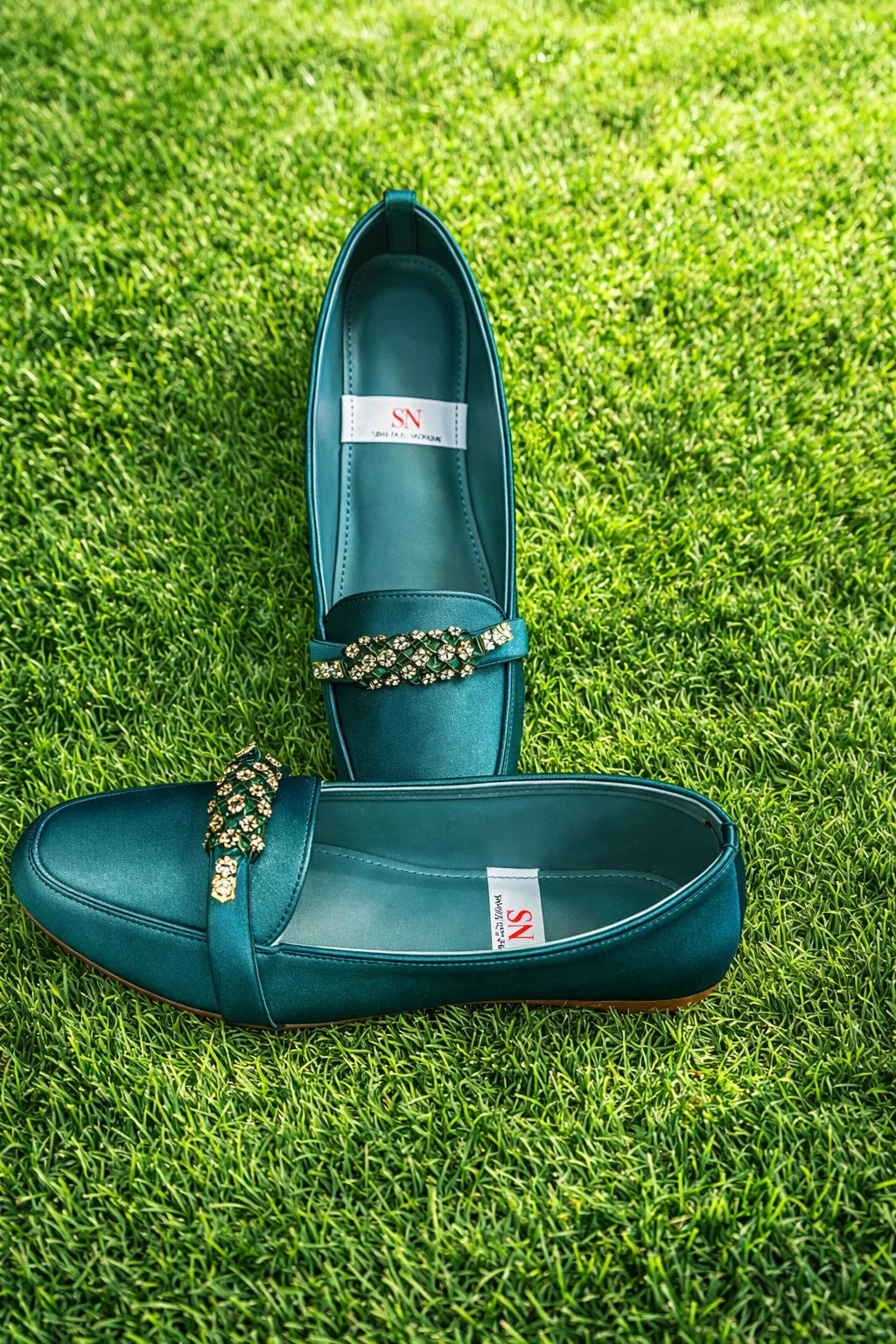 Pointed-Toe Slip-On Flats with Gold Rhinestone Buckle