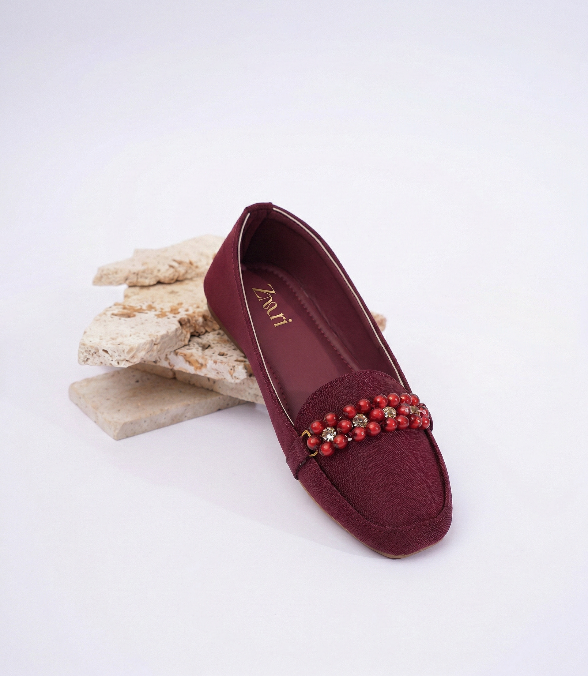 Burgundy Ruby Bead Loafers For Kids