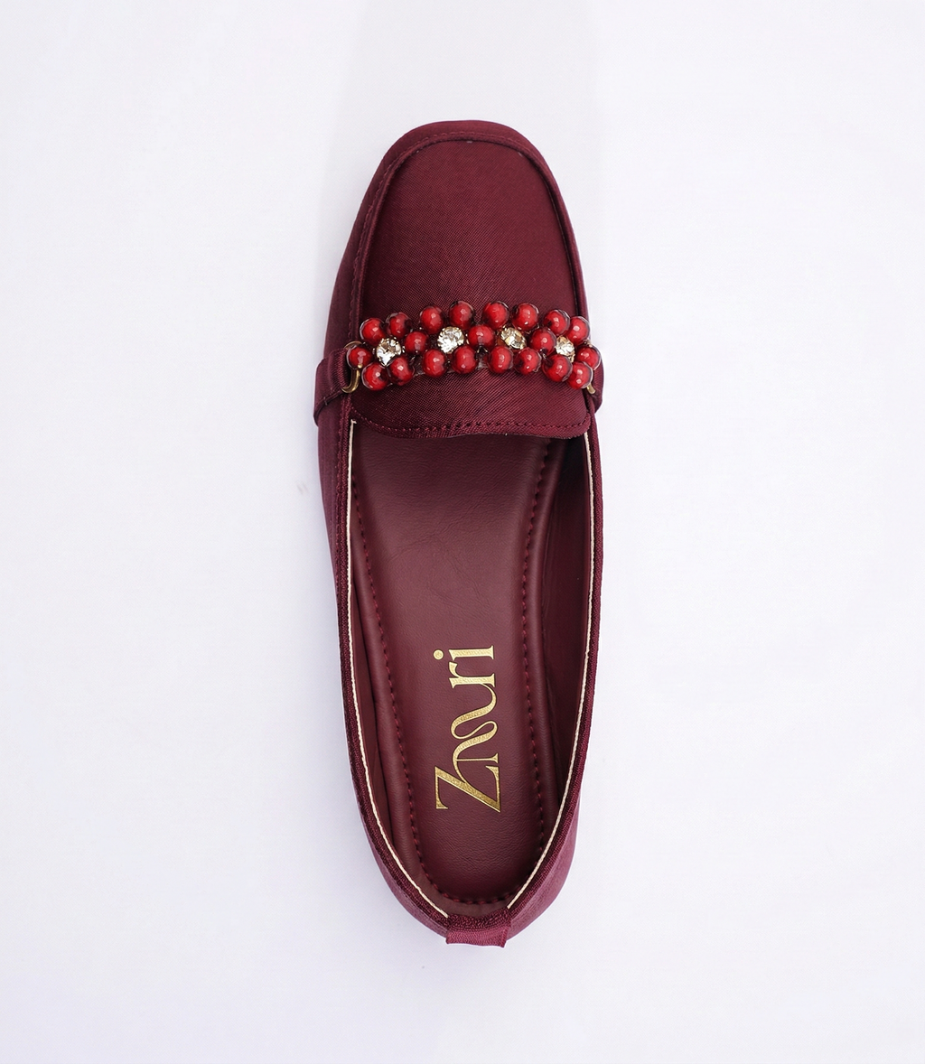 Burgundy Ruby Bead Loafers For Kids