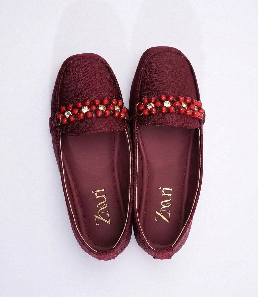 Burgundy Ruby Bead Loafers For Kids