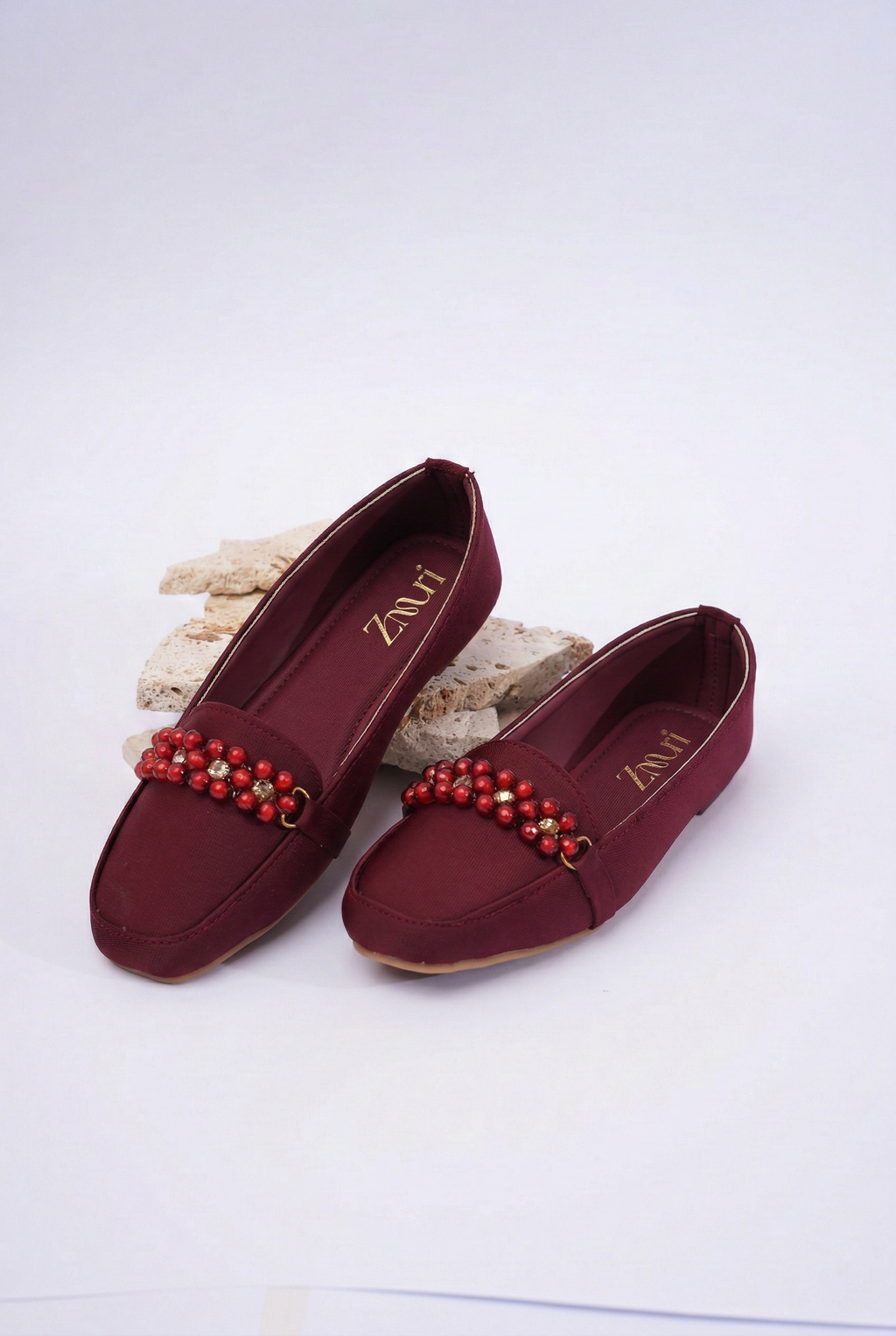 Burgundy Ruby Bead Loafers For Kids
