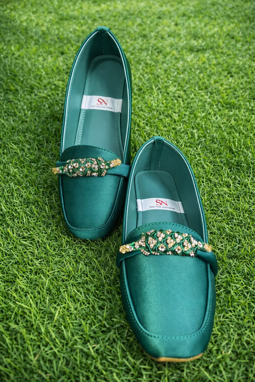 Pointed-Toe Slip-On Flats with Gold Rhinestone Buckle