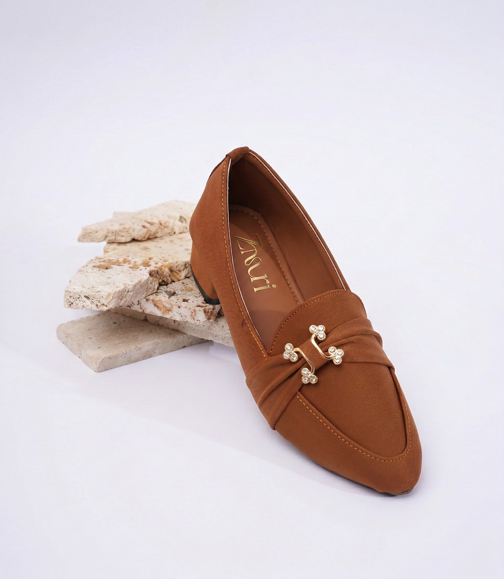 Caramel Crystal Knot Block Heel Loafers