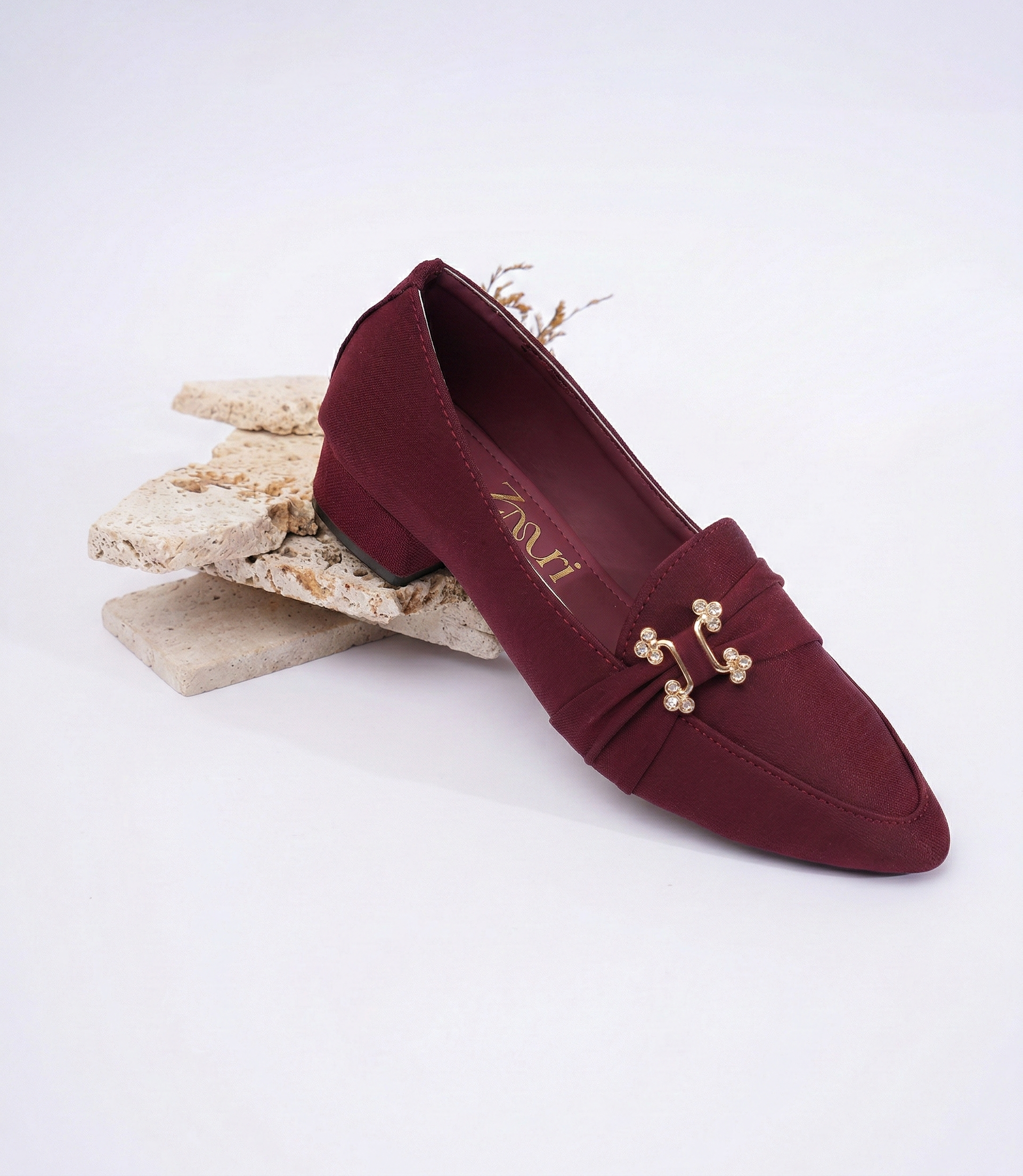 Burgundy Crystal Knot Block Heel Loafers