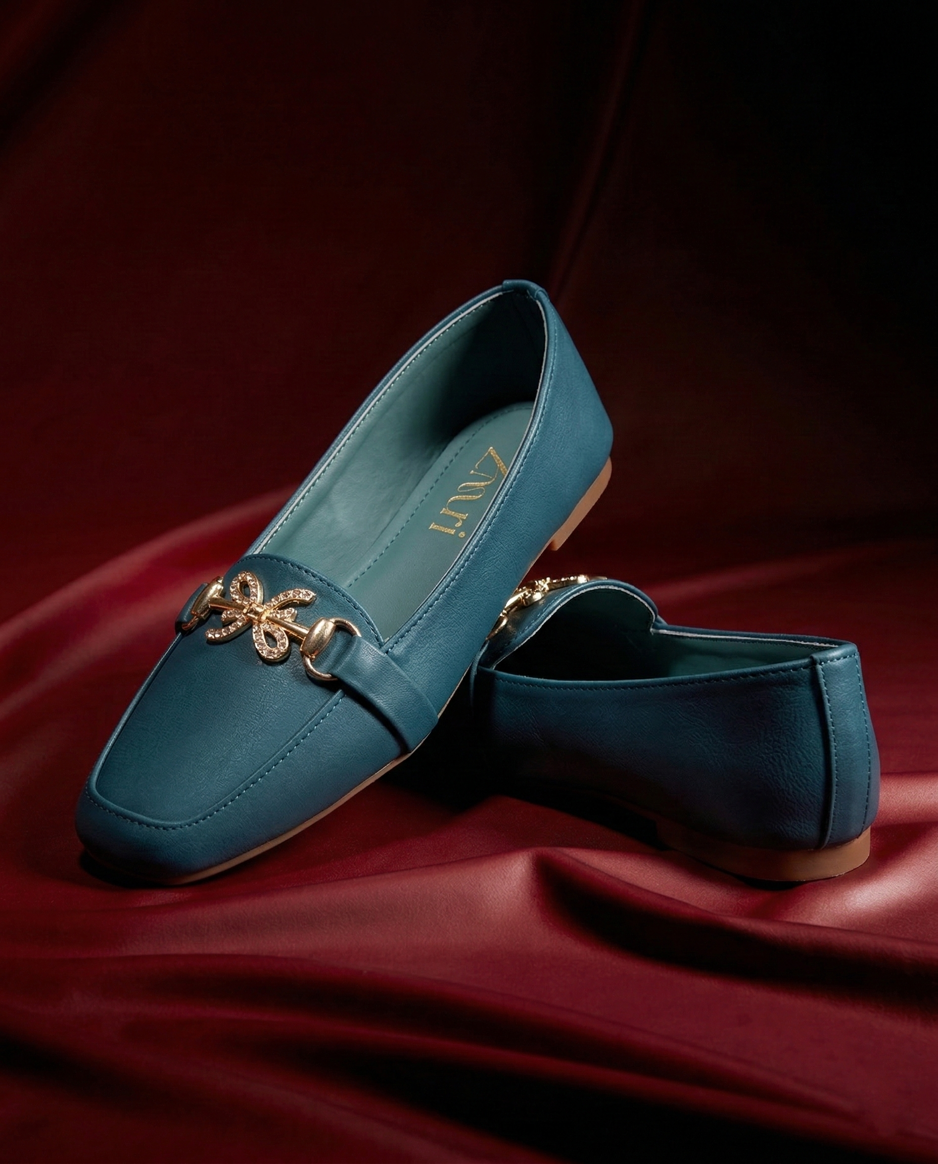 Teal Fleur Crystal Link Loafers