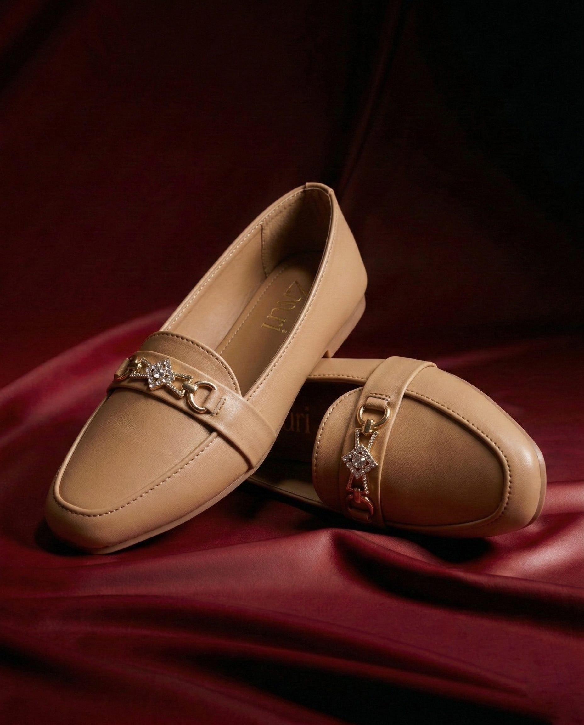 Camel Brown Celeste Crystal Link Loafers