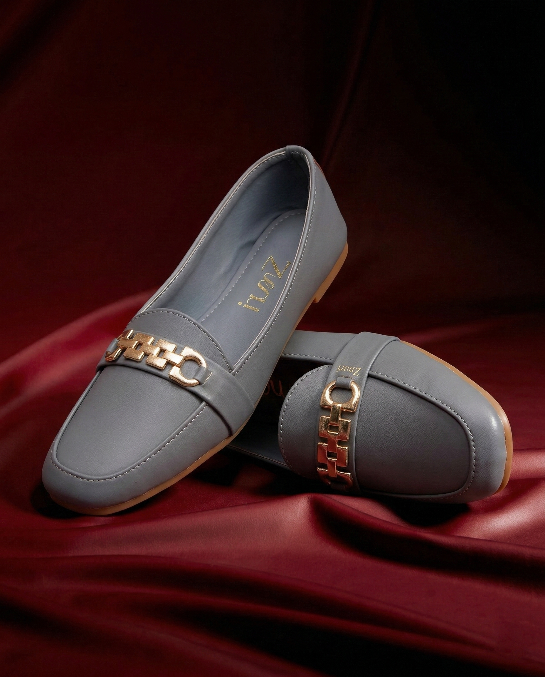 Grey Gold-Chain Luxury Loafers for Women