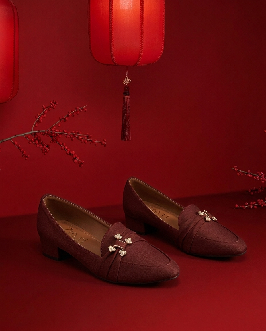 Burgundy Crystal Knot Block Heel Loafers