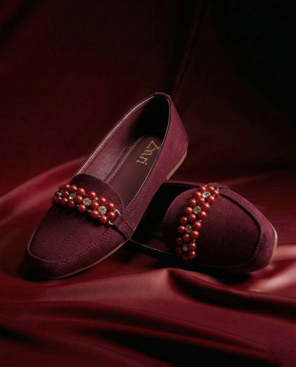 Burgundy Ruby Bead Loafers For Kids