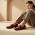 Women’s Burgundy Heeled Loafers – Elegant Office Shoes with Pearl Detail