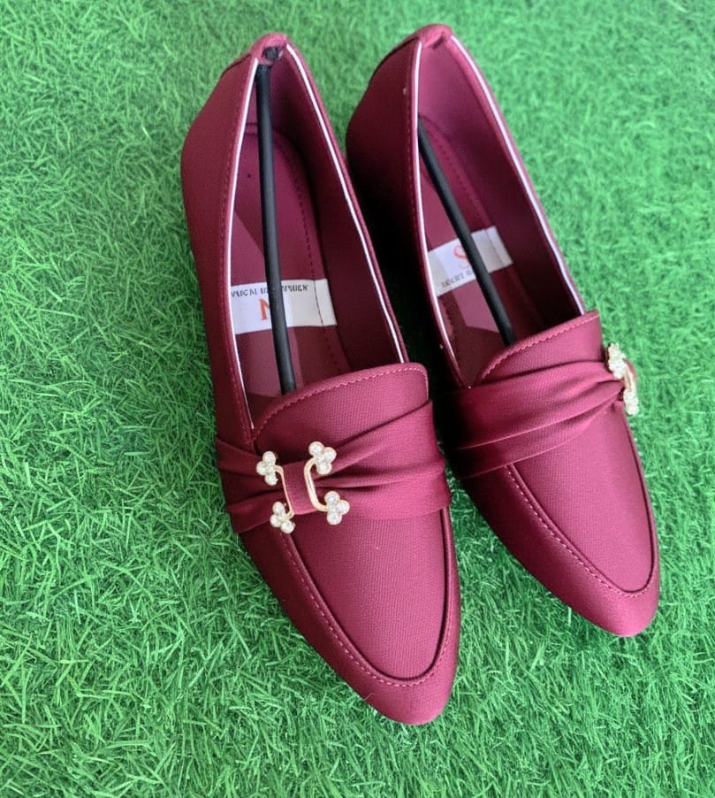 Women’s Burgundy Heeled Loafers – Elegant Office Shoes with Pearl Detail