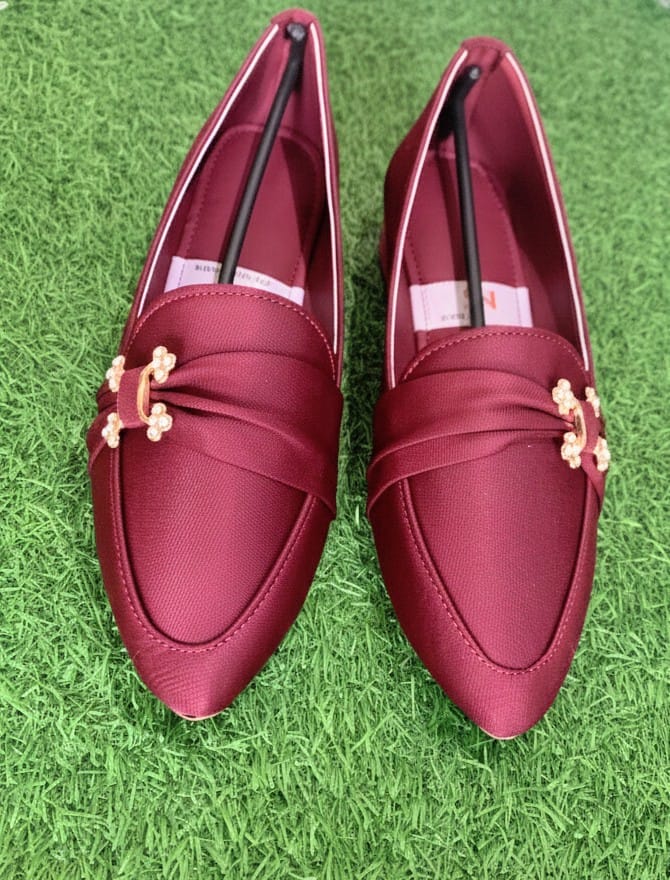 Women’s Burgundy Heeled Loafers – Elegant Office Shoes with Pearl Detail