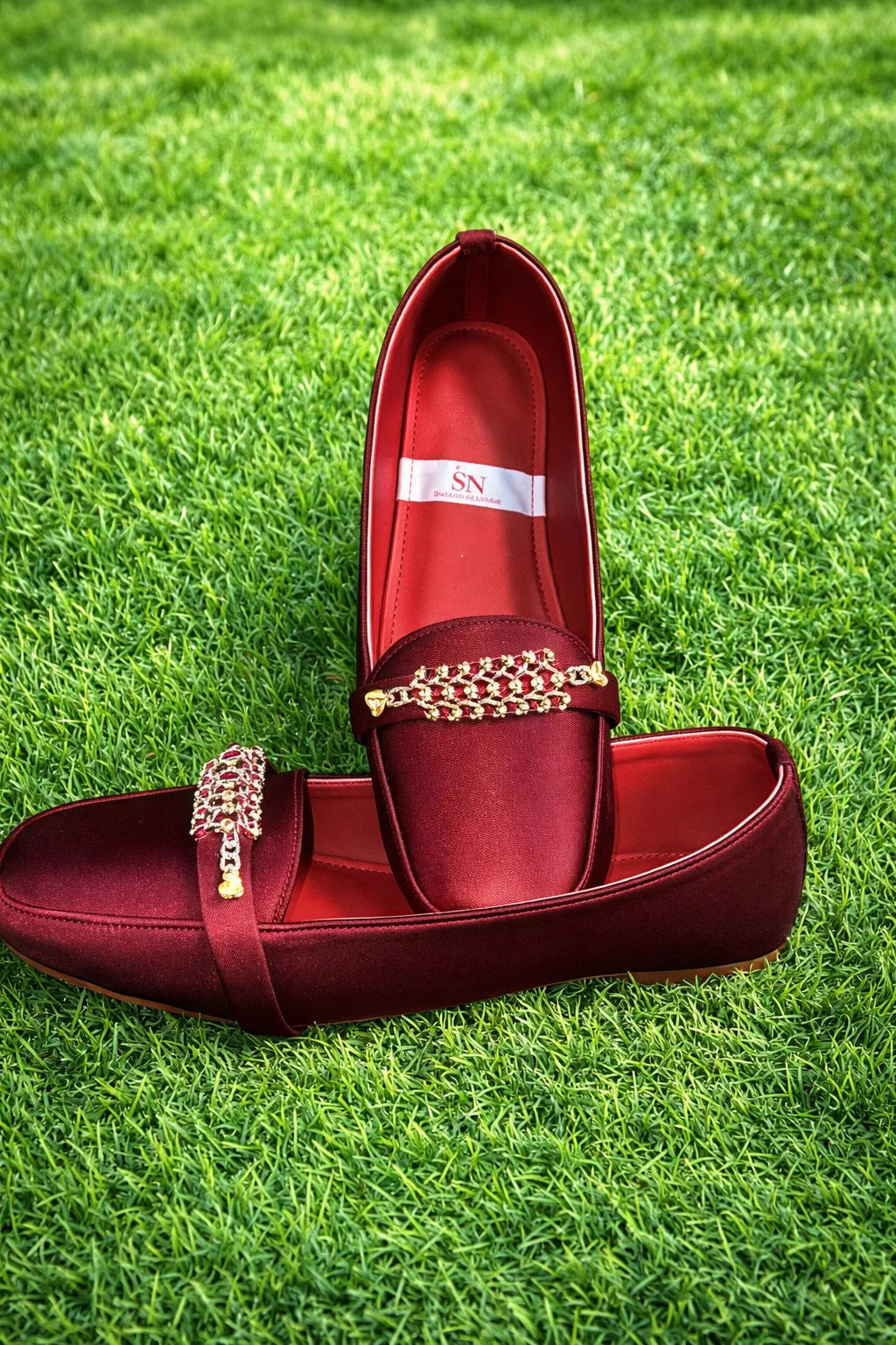 Satin Pointed-Toe Loafers with Gold Rhinestone Buckle