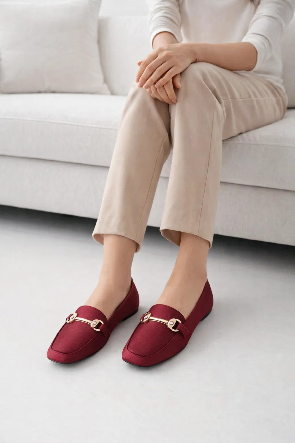Women’s Burgundy Loafers with Gold Buckle – Comfortable Slip-On Flats for Work & Everyday Wear